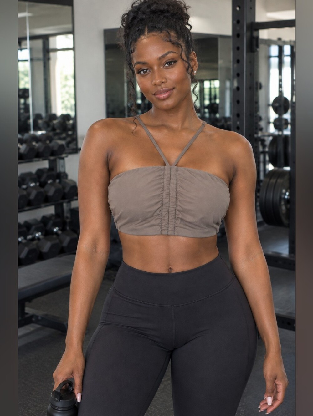 J80FIT NWT Beige Bralette Crop Top Ruched Back Adjustable Straps Size L